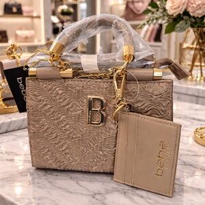 bebe Taupe Textured Mini Satchel with Gold Hardware and crossbody strap
